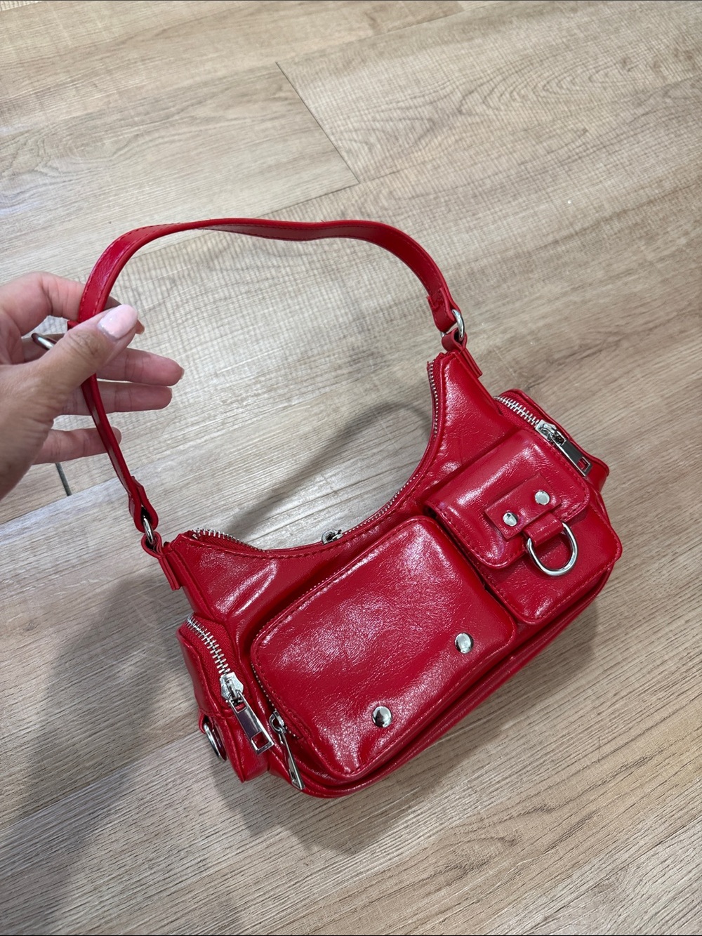 Red Faux Leather Shoulder Bag with Front Pockets